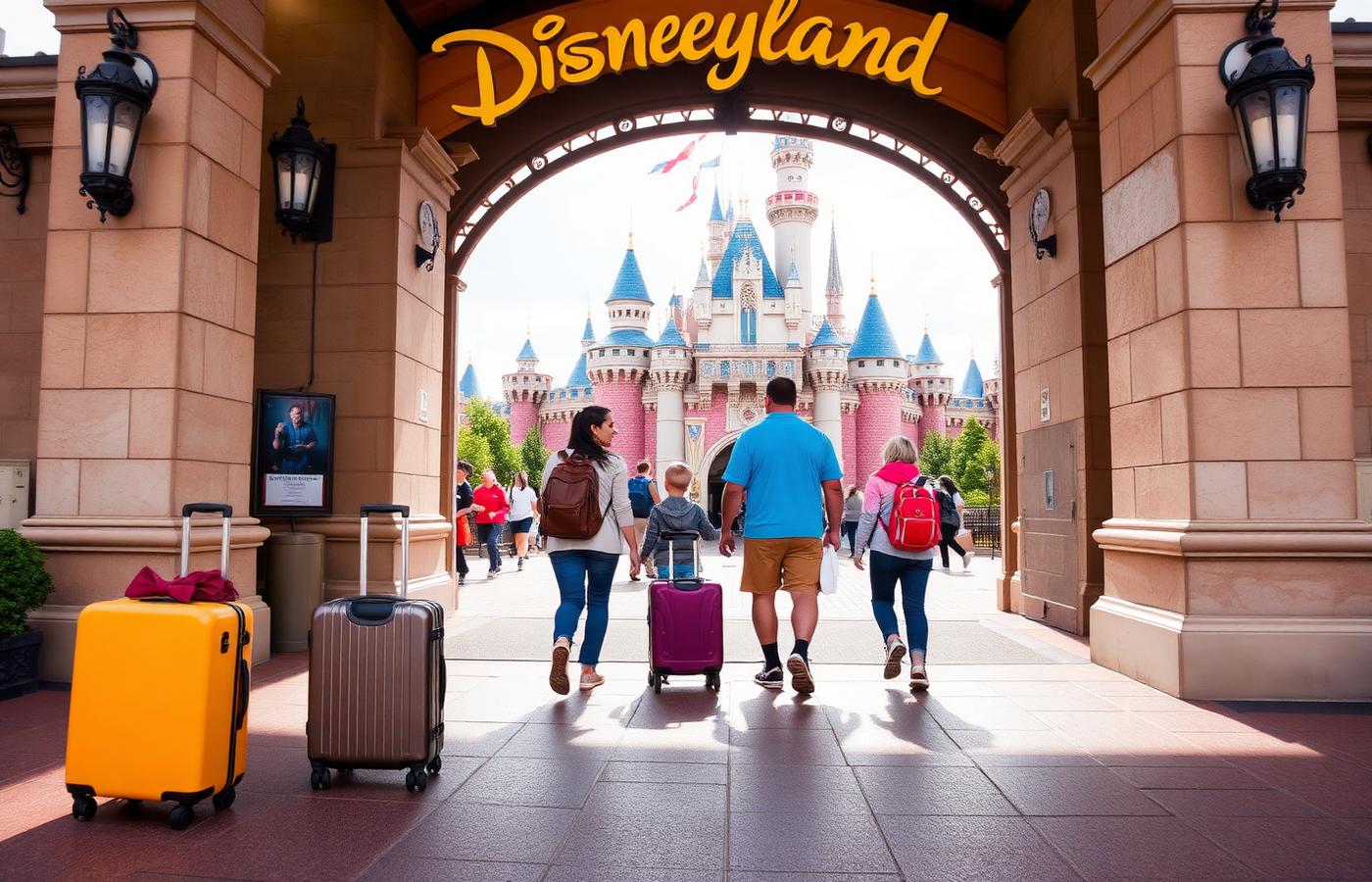 Family arriving at Disneyland Paris with luggage