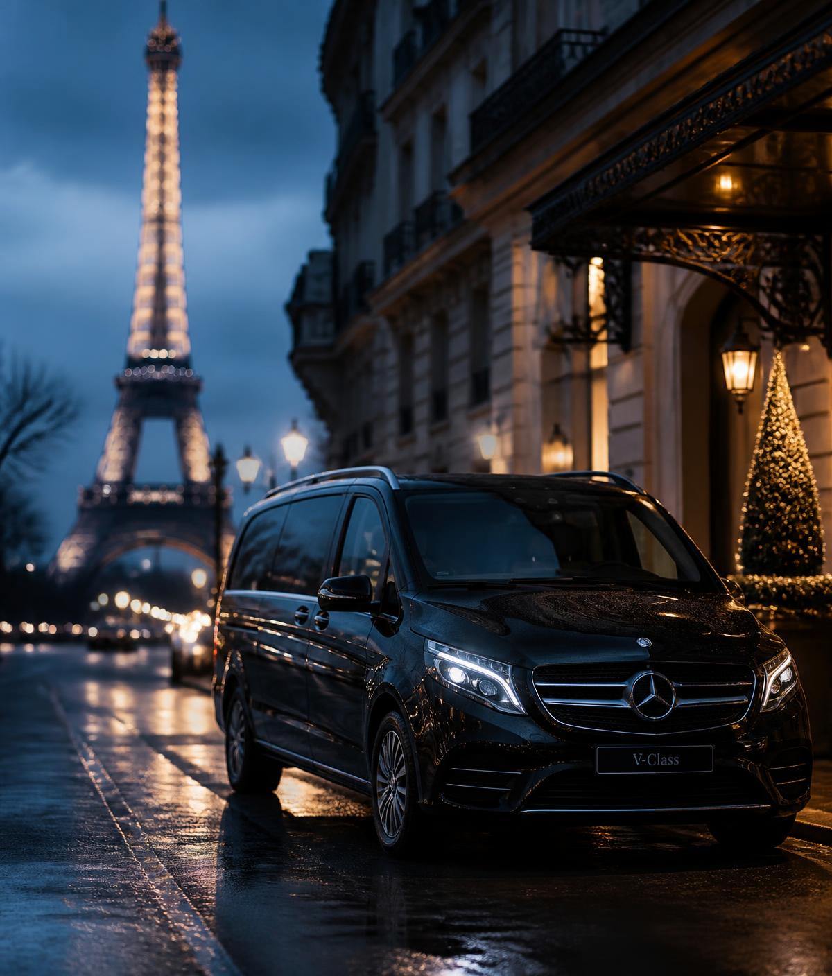 Black Mercedes-Benz V-Class waiting on a Paris street at dusk near the Eiffel Tower