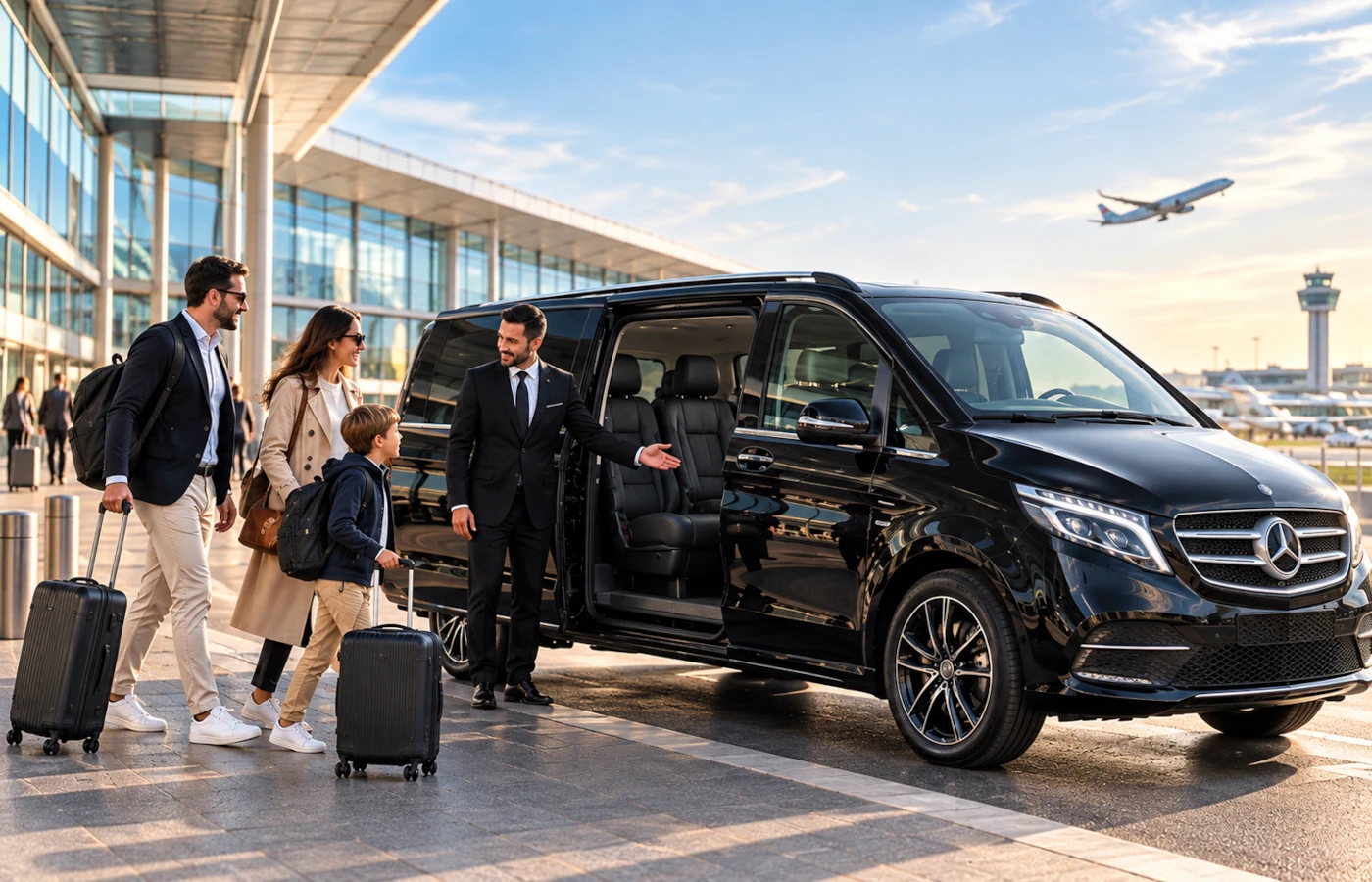 Chauffeur in a dark suit holding a name sign in an airport arrivals hall