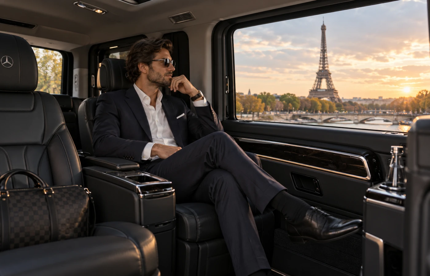 Spacious black leather rear seats inside a premium transfer minivan